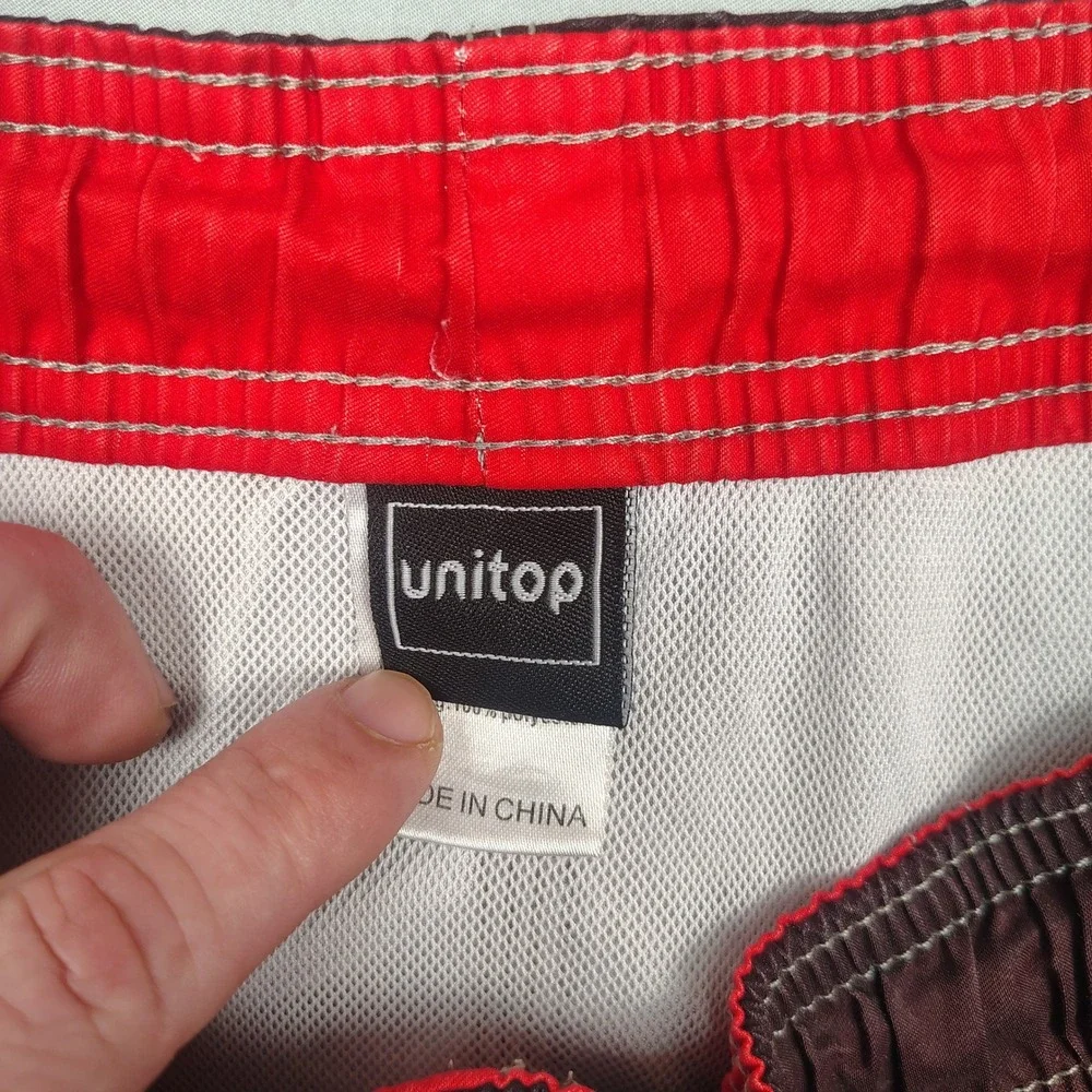 Unitop Board Shorts Mens 34 Red Burgundy Striped Cargo Pocket Polyester